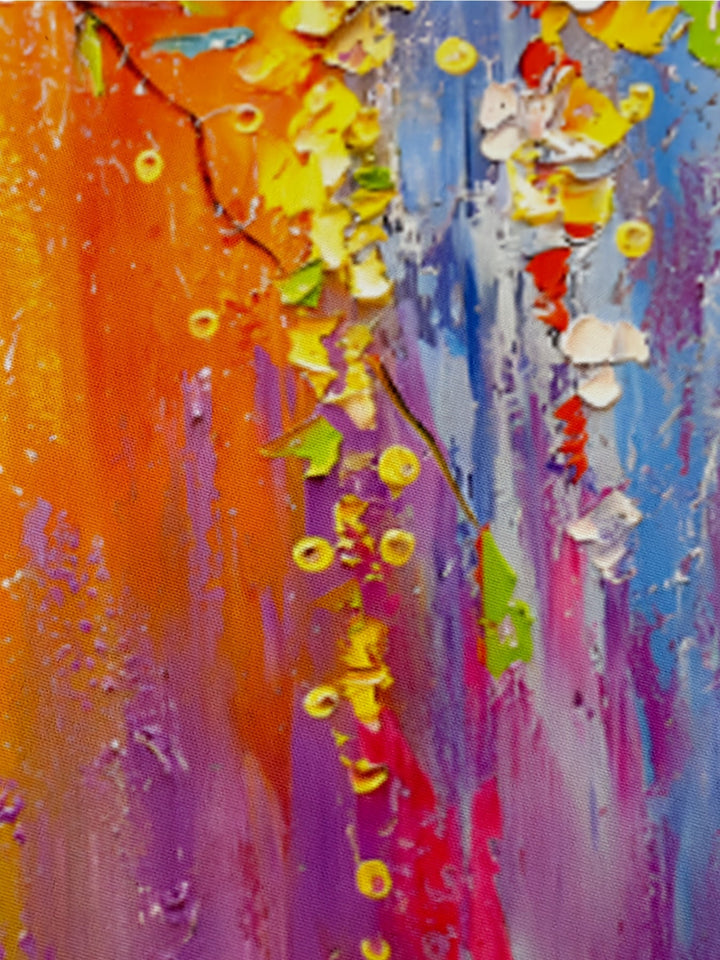 Close-up detail of the smooth woven fabric and colorful artistic floral pattern.