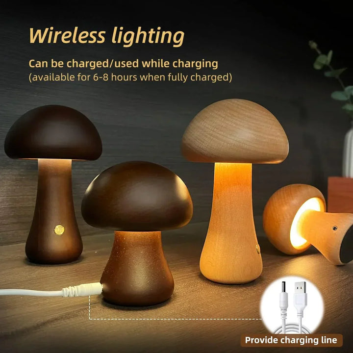 Decorative wooden night light glowing softly on a wooden surface