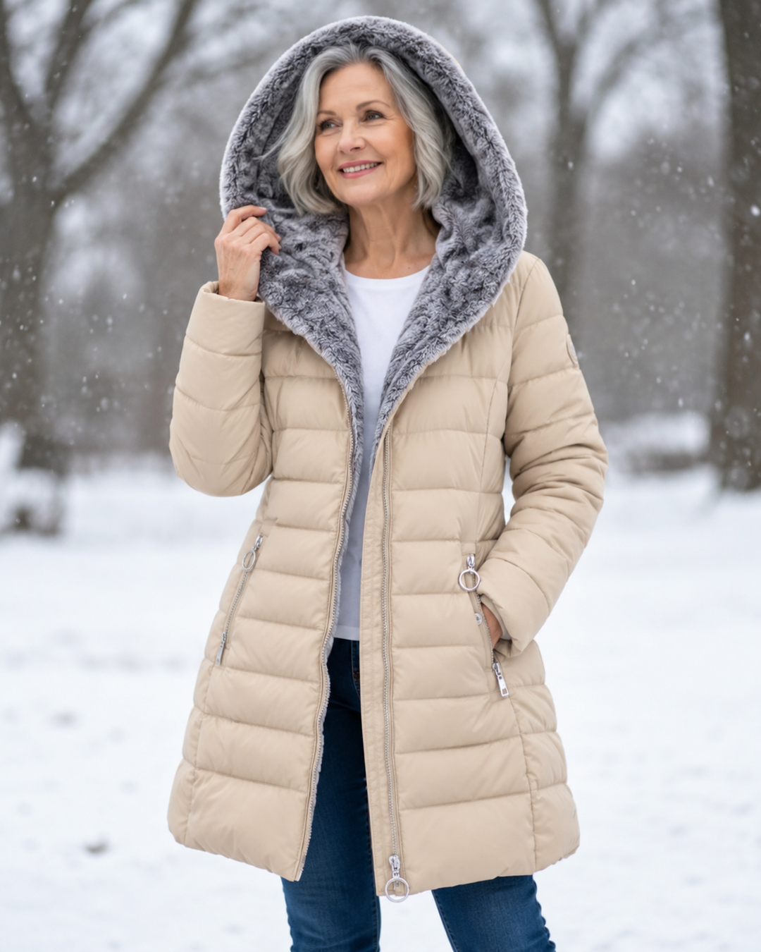 Side view of hooded quilted coat showcasing long winter fashion design