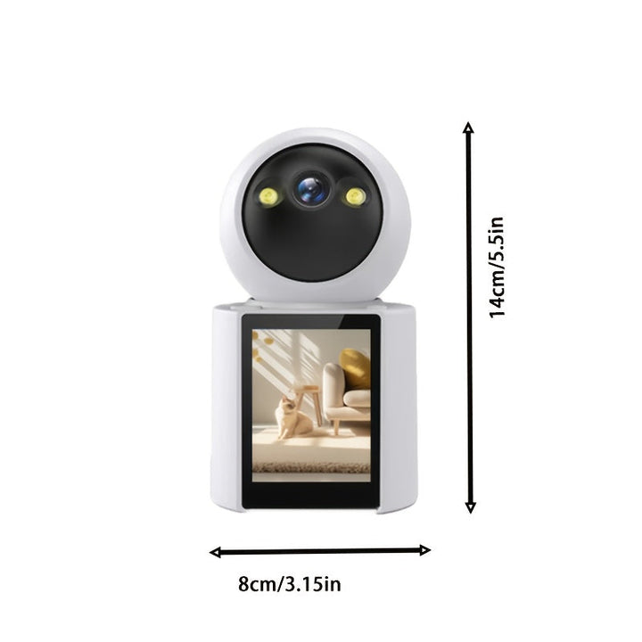 Smart pet camera with built-in screen displaying a dog for indoor security