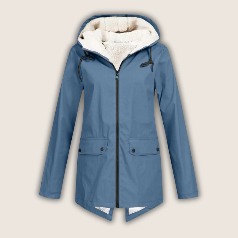 Womens hooded rain jacket showing deep utility pockets and button closure