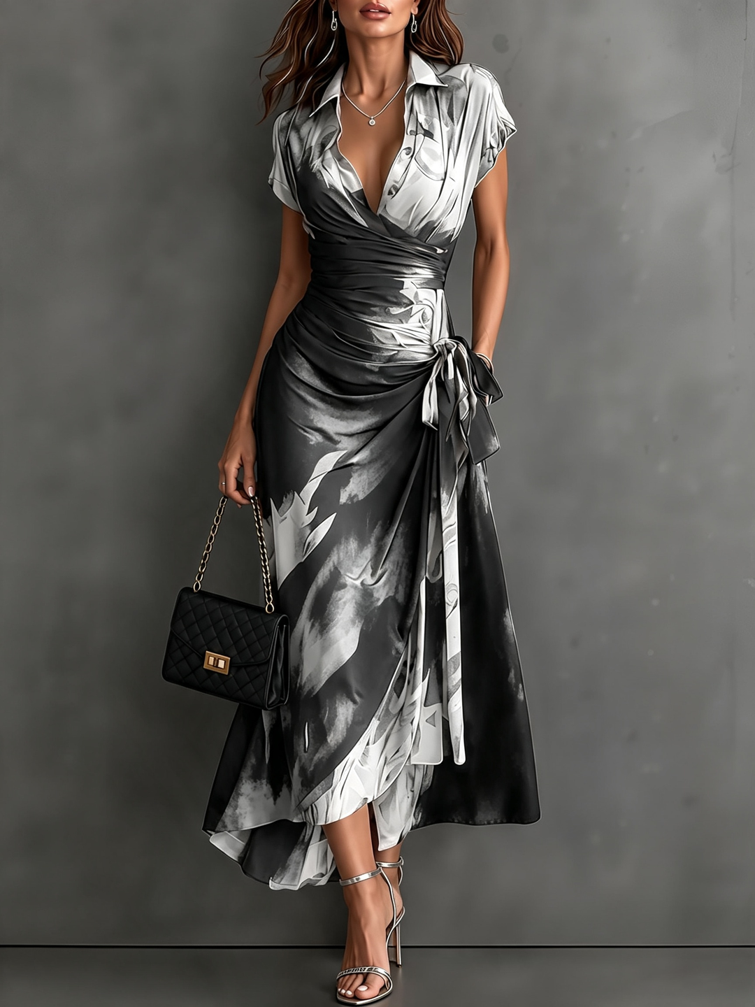 Lifestyle shot of woman wearing stylish evening wrap dress