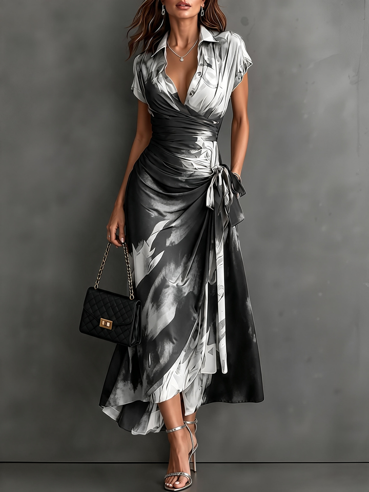 Lifestyle shot of woman wearing stylish evening wrap dress