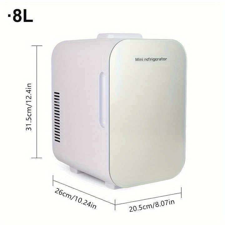 Portable 8L mini fridge with sleek glass door on a wooden desk