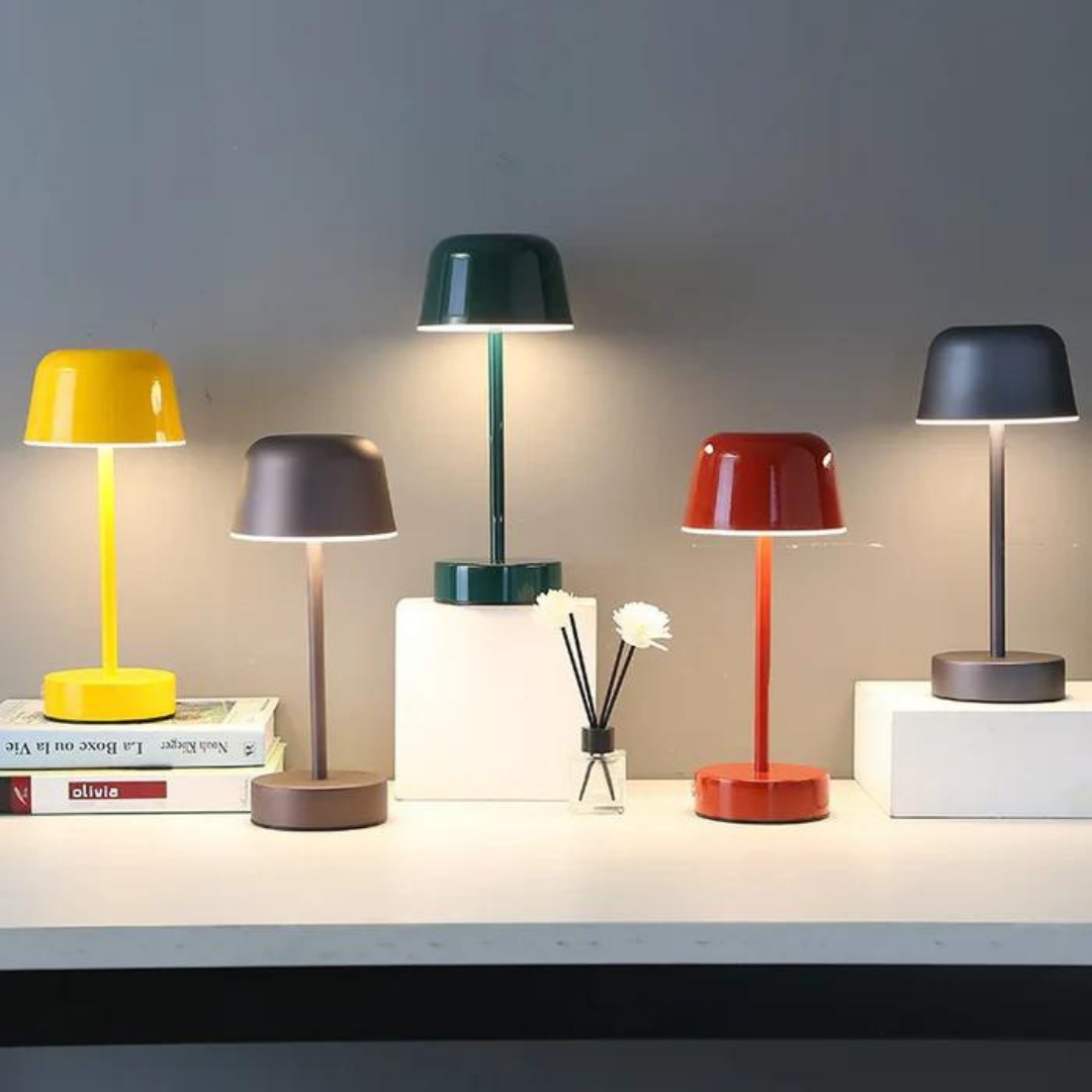 Collection of five modern table lamps in Red, Green, Yellow, Coffee, and Dark Grey