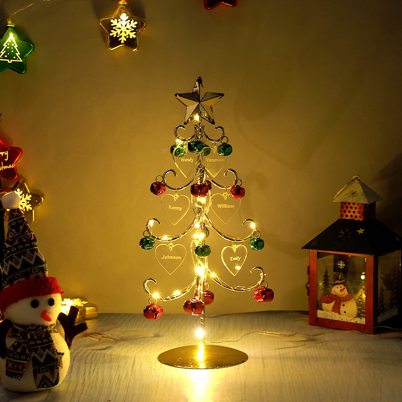 Illuminated personalized Christmas tree tabletop decor with engraved heart tags
