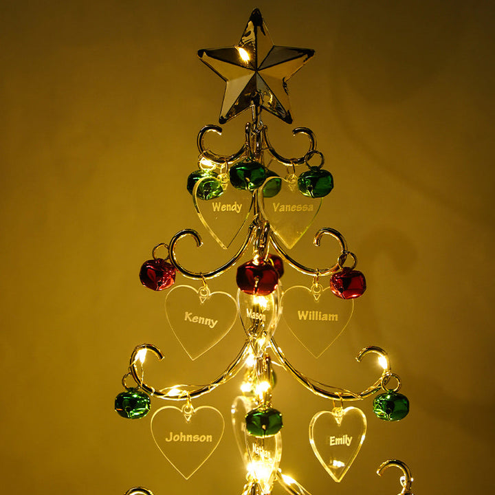 Close-up view of custom engraved name tags hanging on the decorative Christmas tree