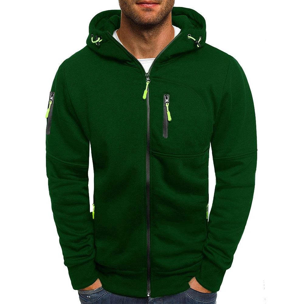 Men's hooded sweatshirt jacket laid flat to display casual wear design features
