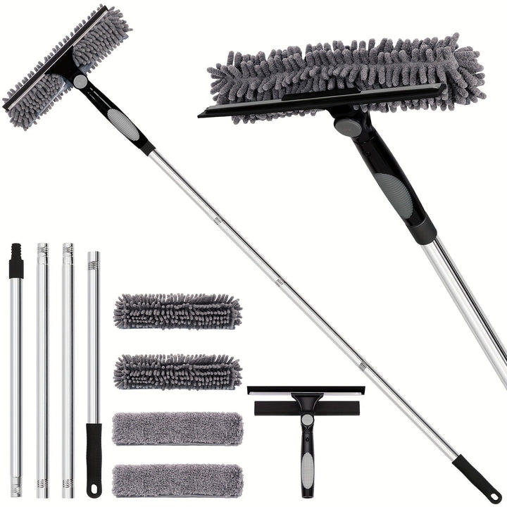Complete window cleaner set with telescopic poles and four microfiber cloths