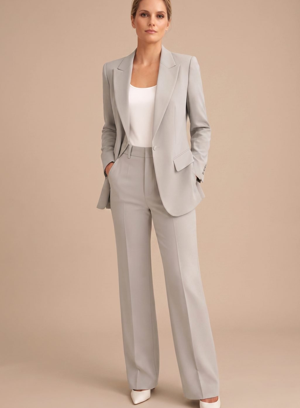 Close-up of the premium fabric texture on the tailored office blazer