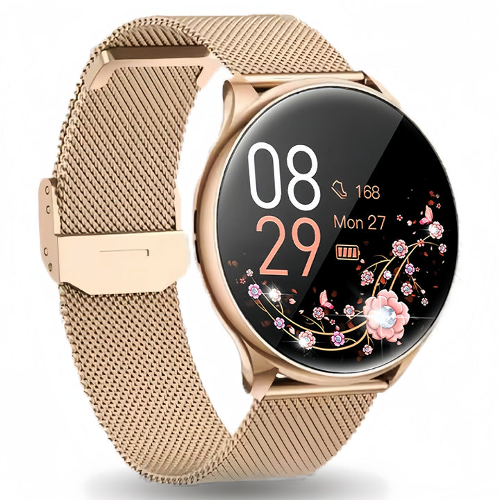 Close-up of the rose gold smartwatch showing a floral digital watch face