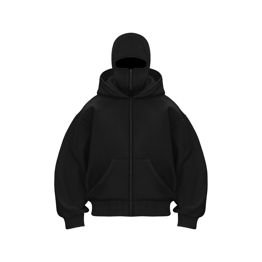 Unisex mask zip-up hoodie featuring an integrated balaclava hood in streetwear style
