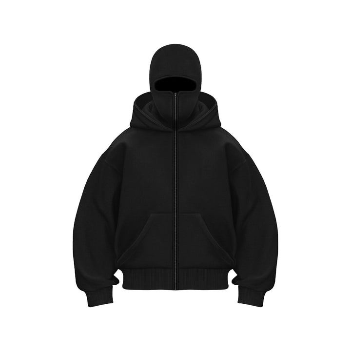 Unisex mask zip-up hoodie featuring an integrated balaclava hood in streetwear style