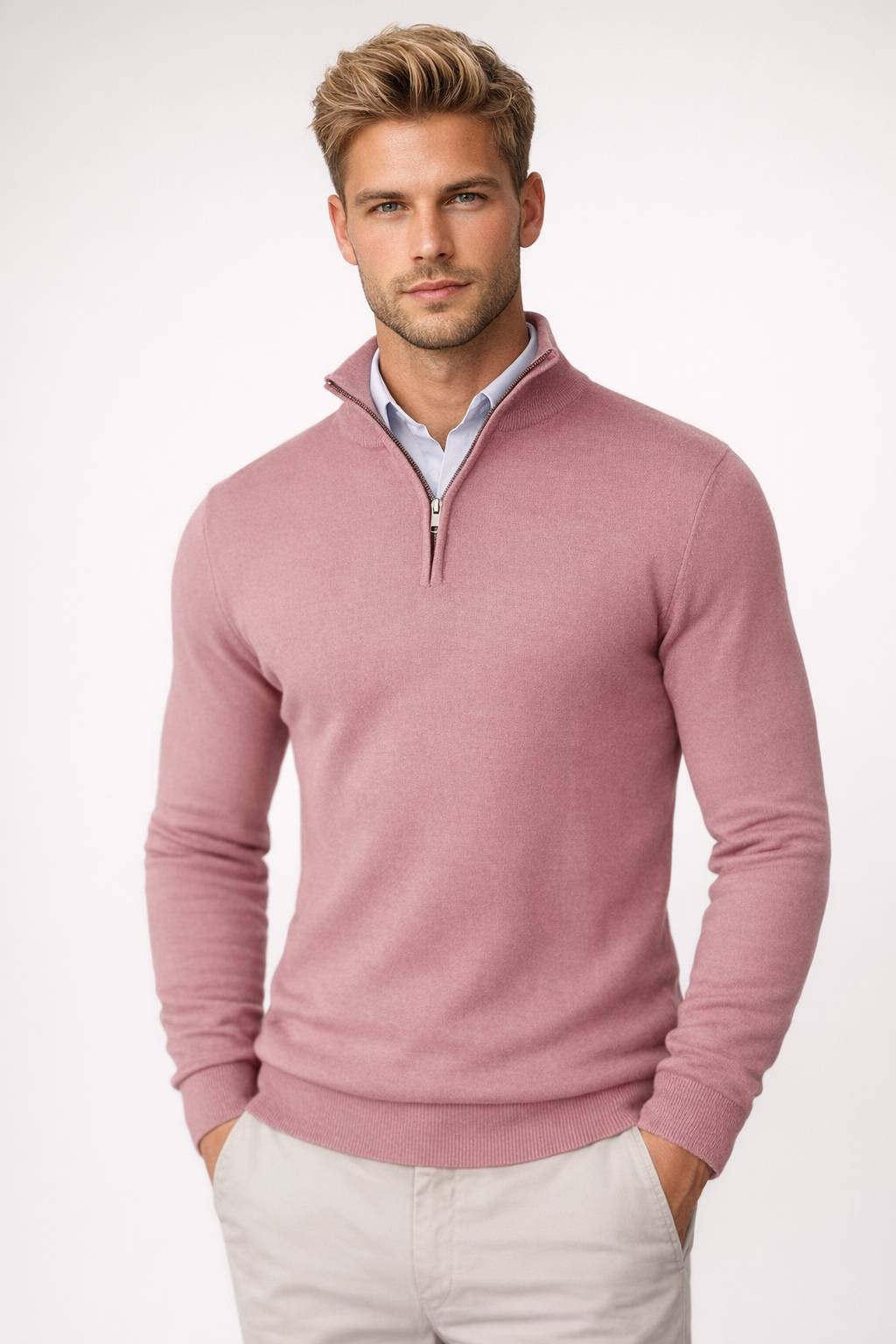 Back view of mens smart casual high neck knitwear pullover sweater