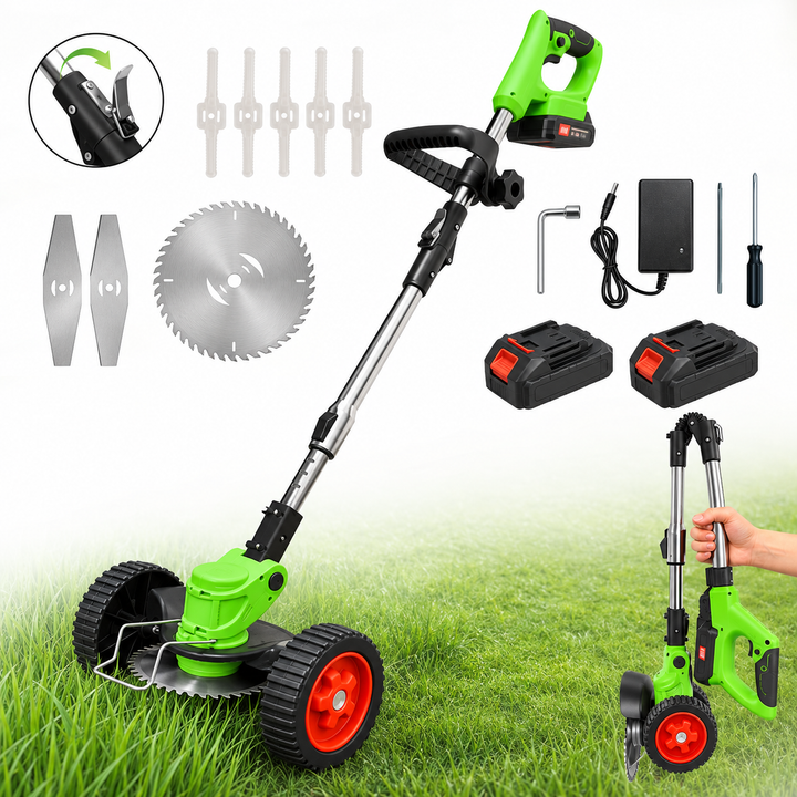 Cordless grass trimmer with spare blades, batteries, and charger laid out on grass