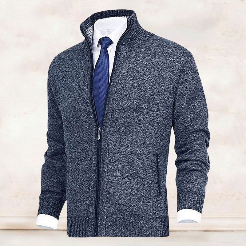 Layering outfit inspiration featuring a men's zip-up cardigan sweater