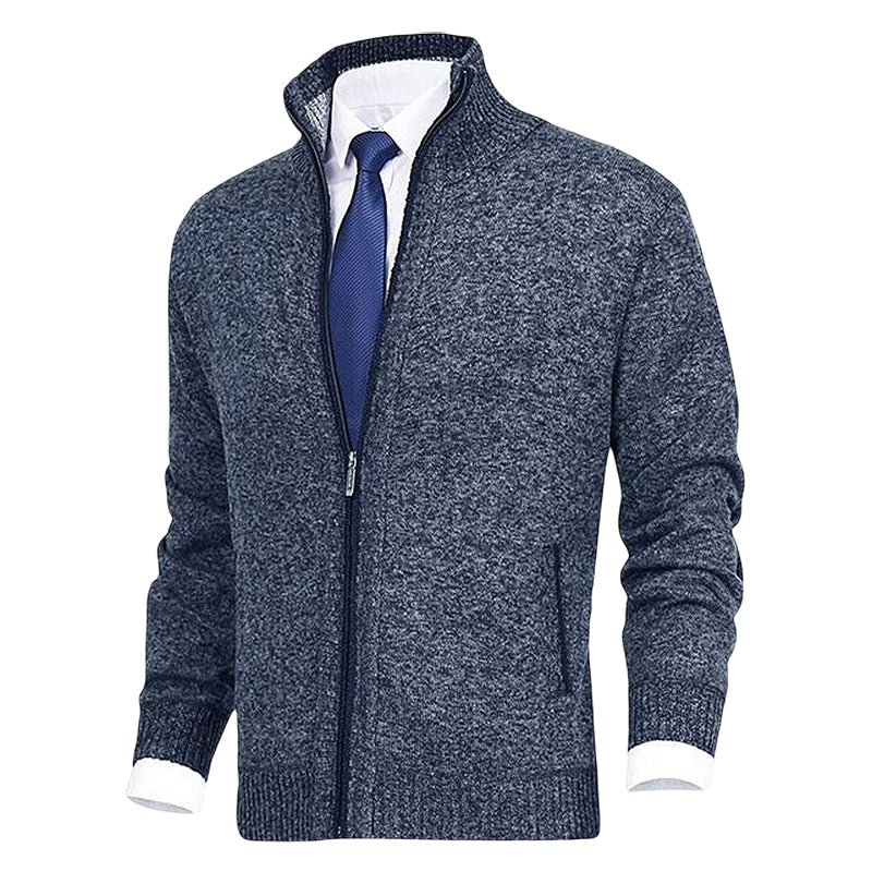 Side angle of a men's fashion knit cardigan showing tailored fit