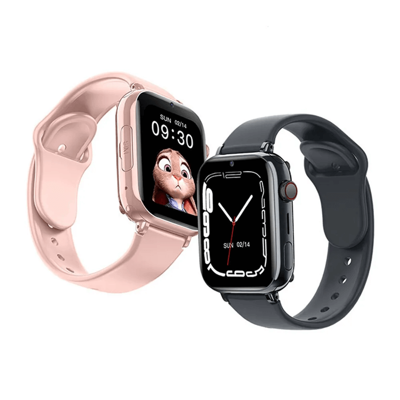 Pink and black kids 4G safety watches displayed side by side