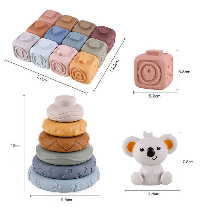 Soft silicone stacking rings acting as a soothing baby teether
