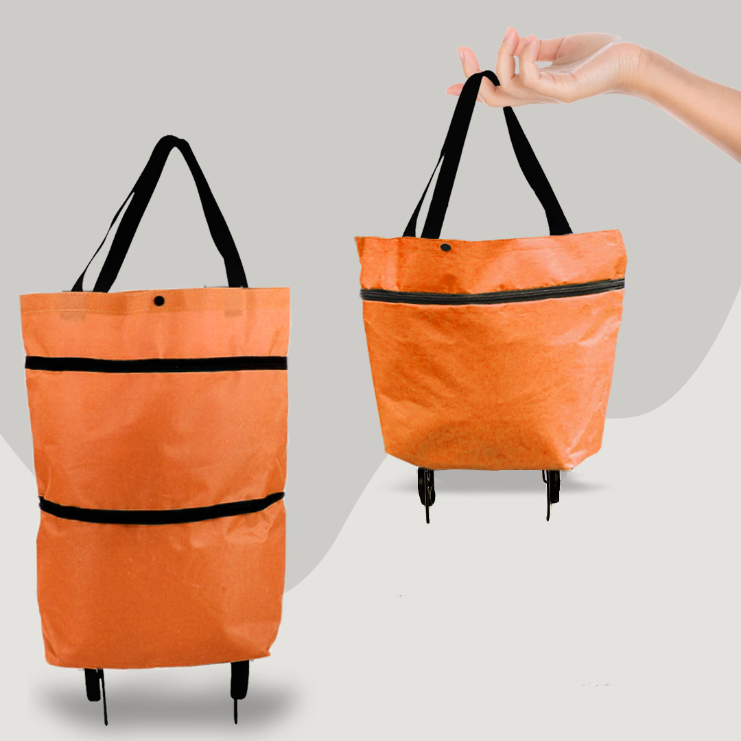 Person demonstrating the transformation of the 2-in-1 organizer bag into a rolling cart
