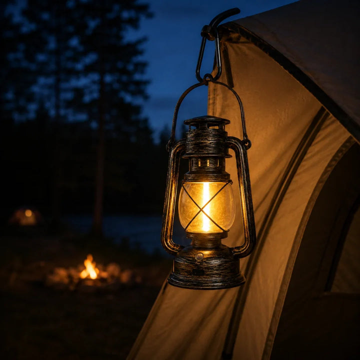 Classic vintage style outdoor lighting lamp with flickering flame effect for tents and gardens