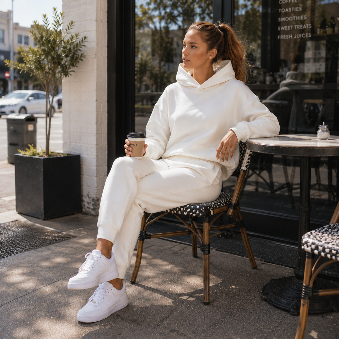 Model sitting at an outdoor cafe table wearing the white hooded lounge set