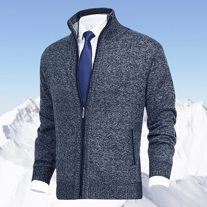 Interior tag and lining detail of a quality men's knitwear cardigan
