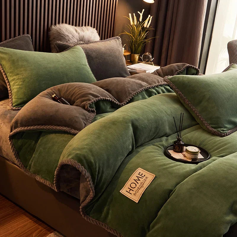 Cozy bedroom decor featuring warm winter bedding set on a king size bed