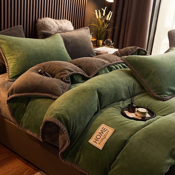 Cozy bedroom decor featuring warm winter bedding set on a king size bed