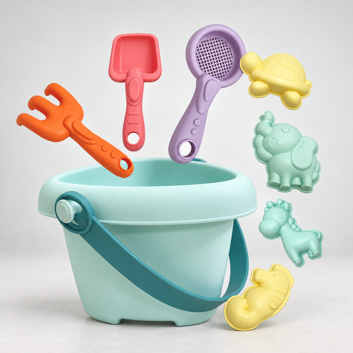 Kids outdoor beach toys including a sandcastle mold and sandbox set accessories