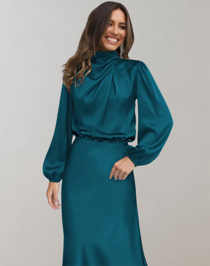 Close up of smooth satin fabric texture on women formal party dress