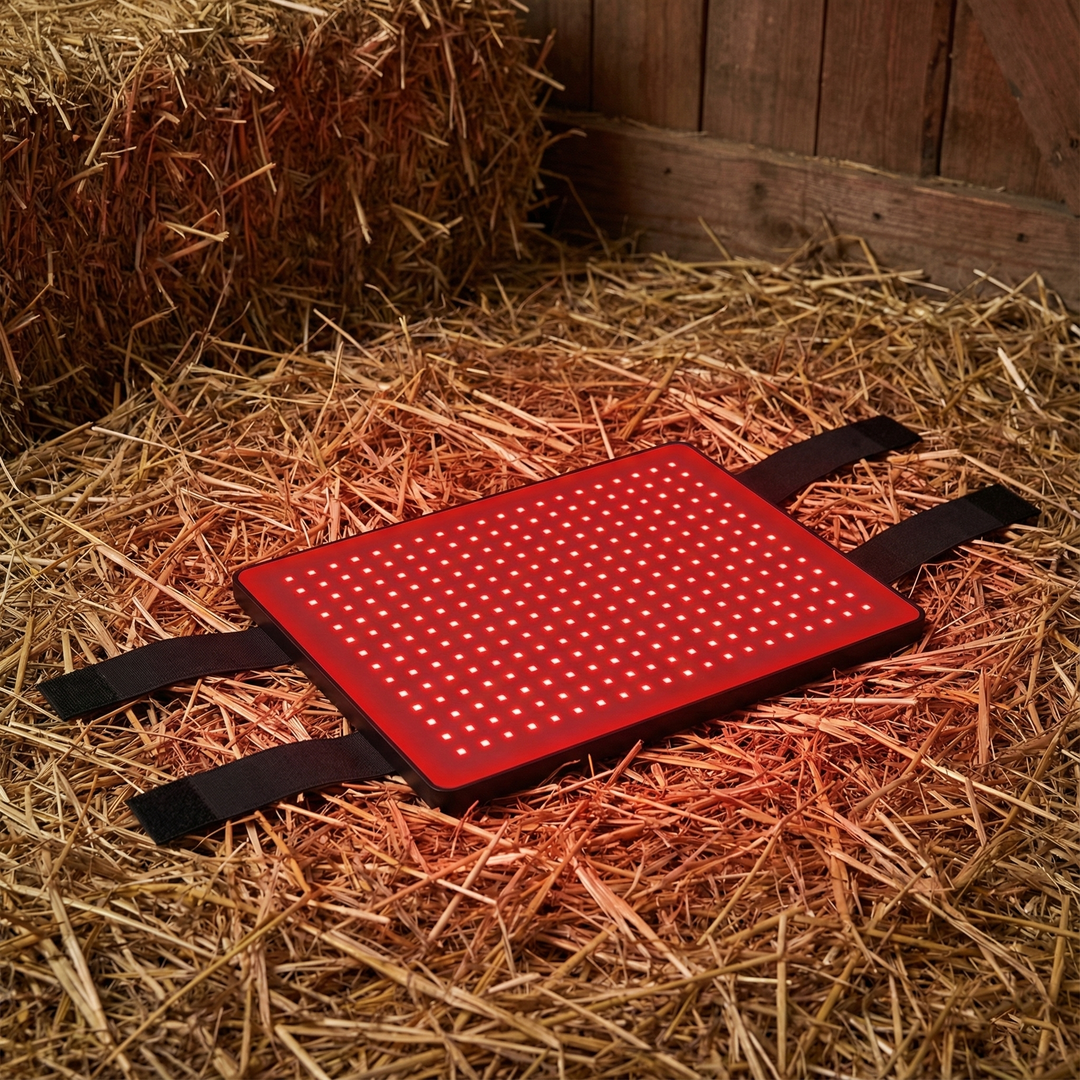 Side view of equine care red light wrap laid flat on stable floor