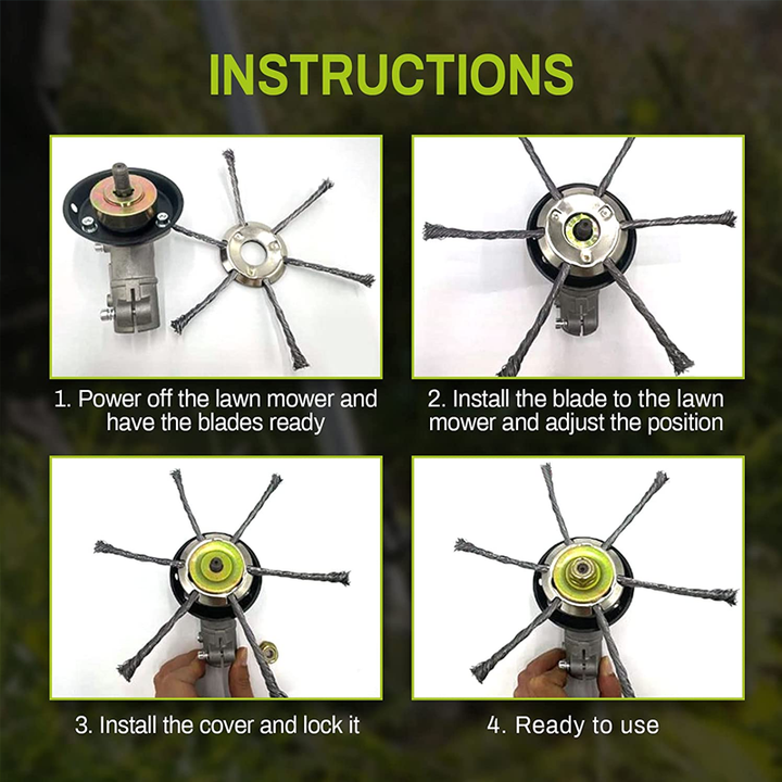 Steel wire trimmer head laying flat on grass showing central mounting hole