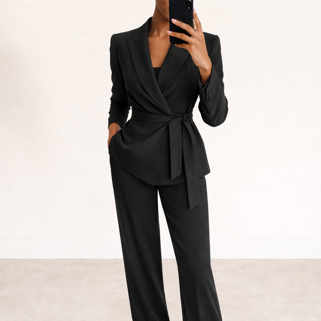 Woman wearing black blazer suit set with wide leg trousers and belt