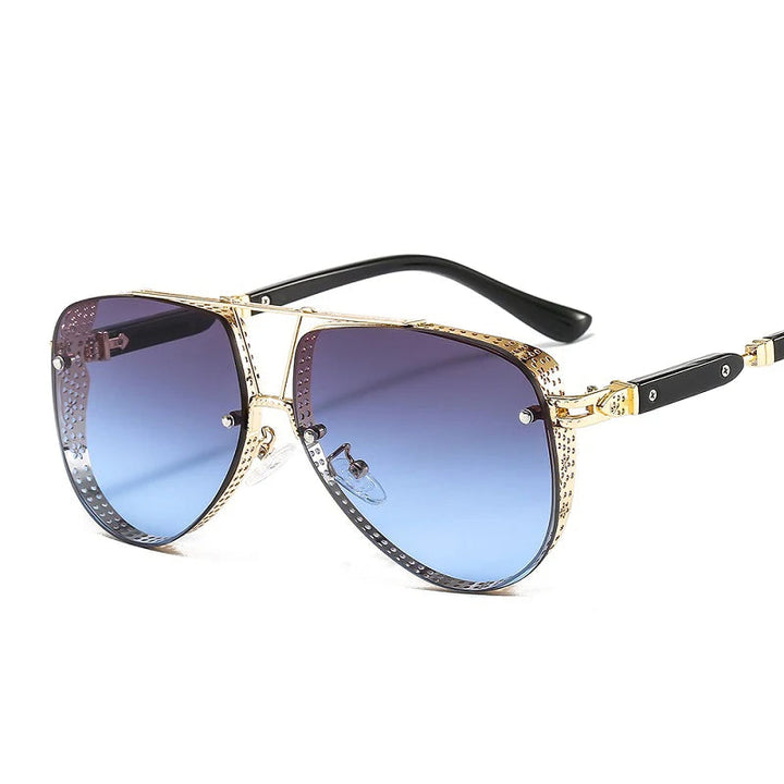 Stylish woman wearing trendy oval metal sunglasses for summer fashion