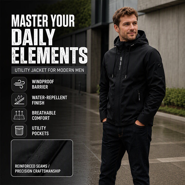 Men's hooded jacket features overview graphic
