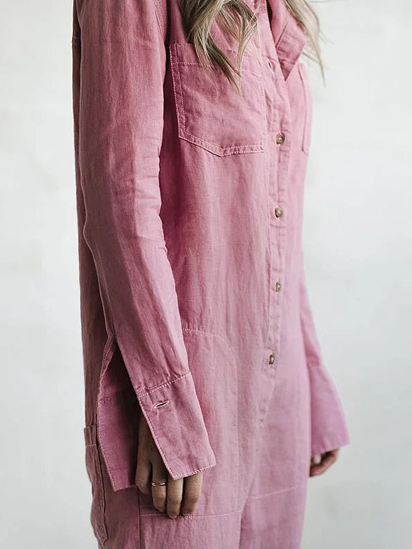 Detailed shot of fabric and cuff on women's casual long sleeve jumpsuit