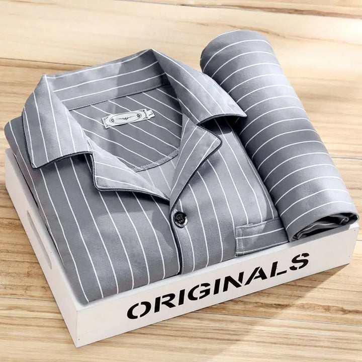 Men's grey pyjama set with classic stripe pattern