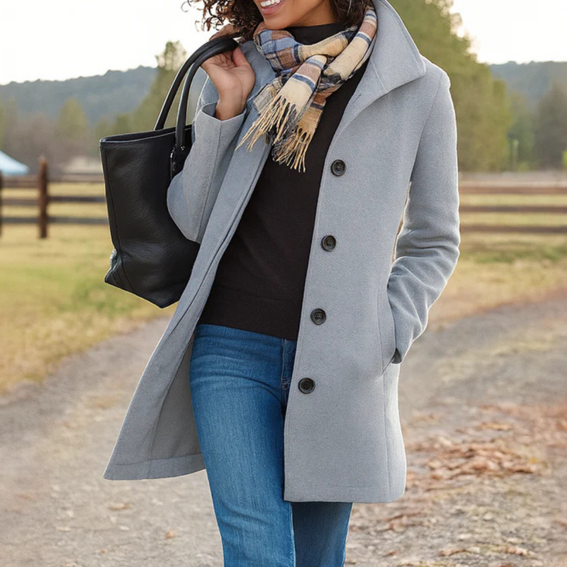 Womens double-breasted mid-length winter coat in classic style