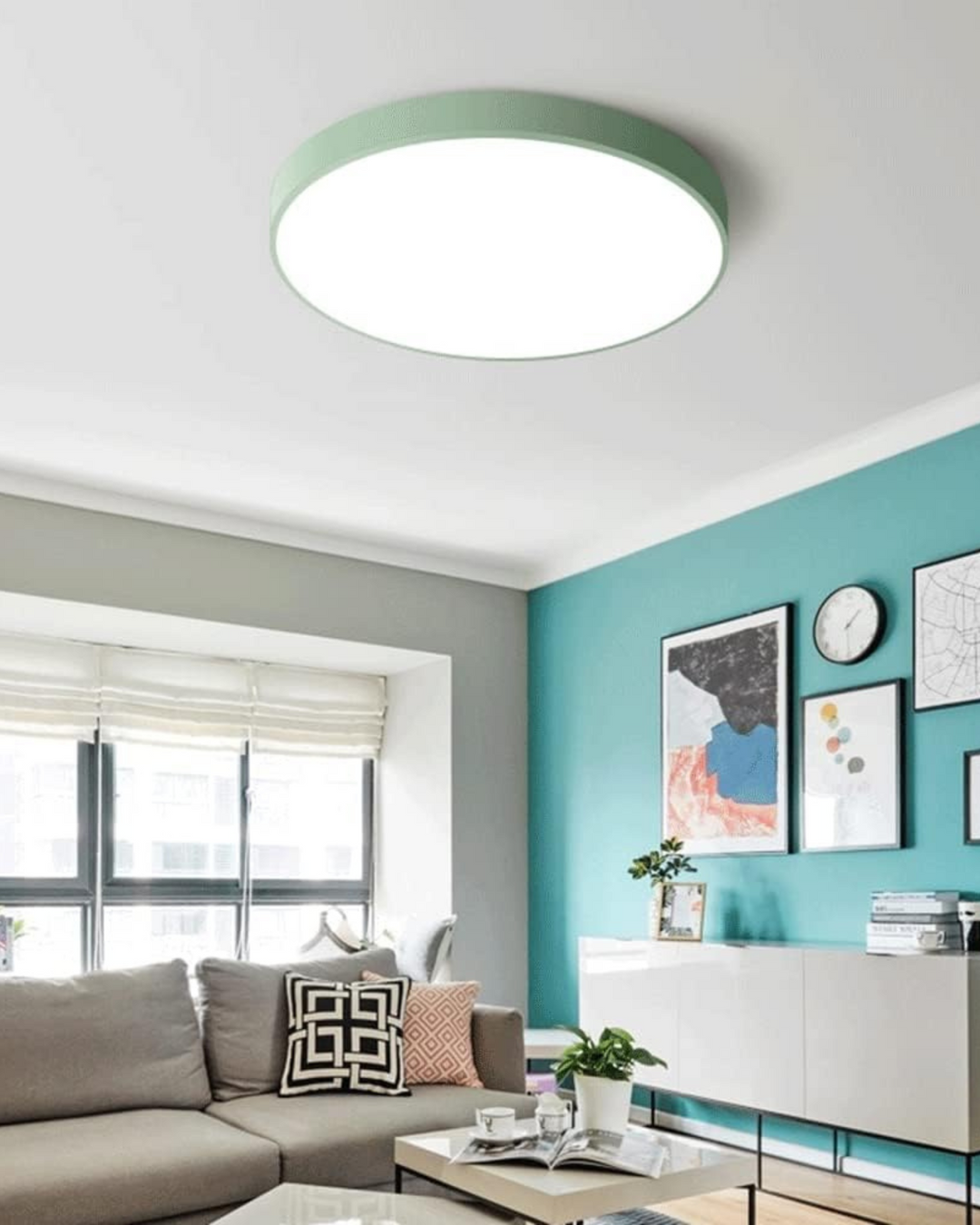 Warm illumination from a minimalist disc ceiling light at night