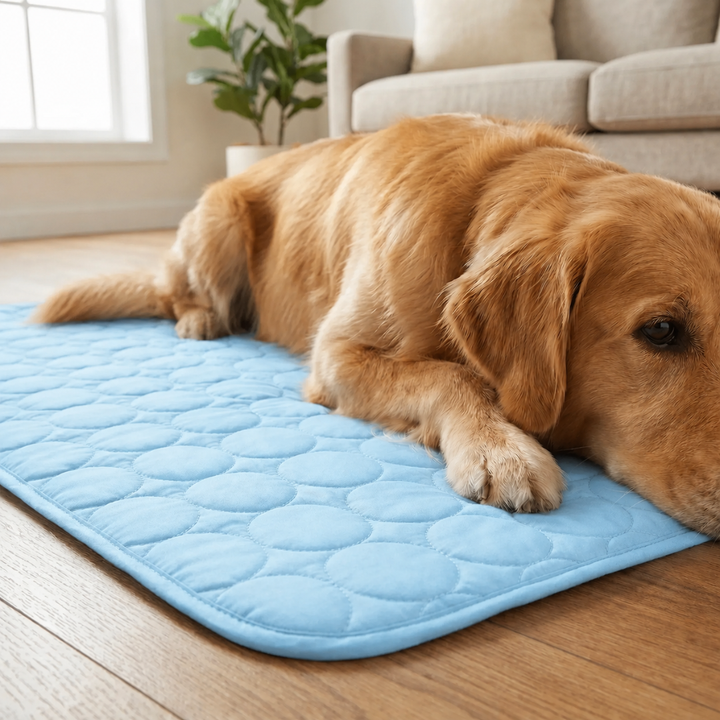 Golden retriever relaxing comfortably on a blue self-cooling pet mat