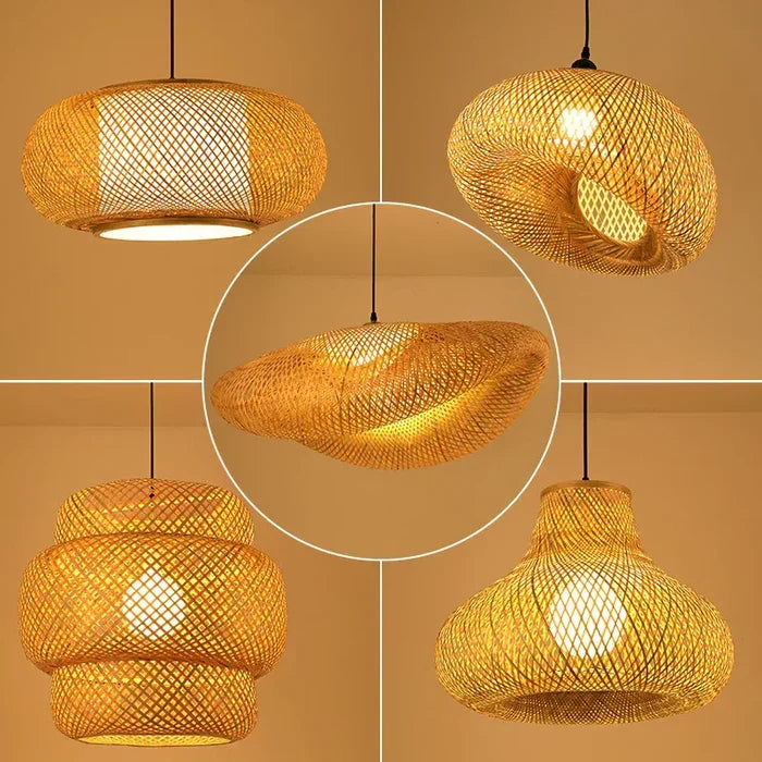 Rustic rattan light casting warm patterns on the ceiling