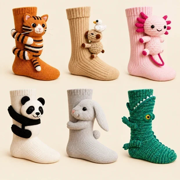 Soft plush novelty socks showcasing playful 3D animal characters in vivid colors
