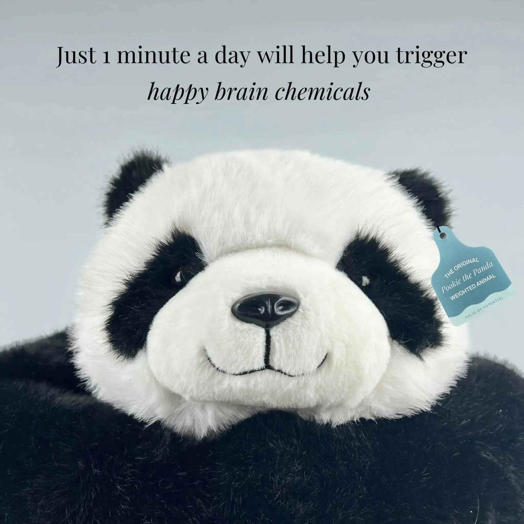 Weighted panda hugging stuffed animal sitting upright