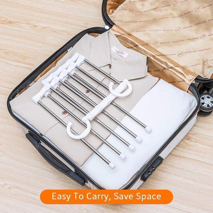 Home organization tool showing versatile folding mechanism of the trouser hanger