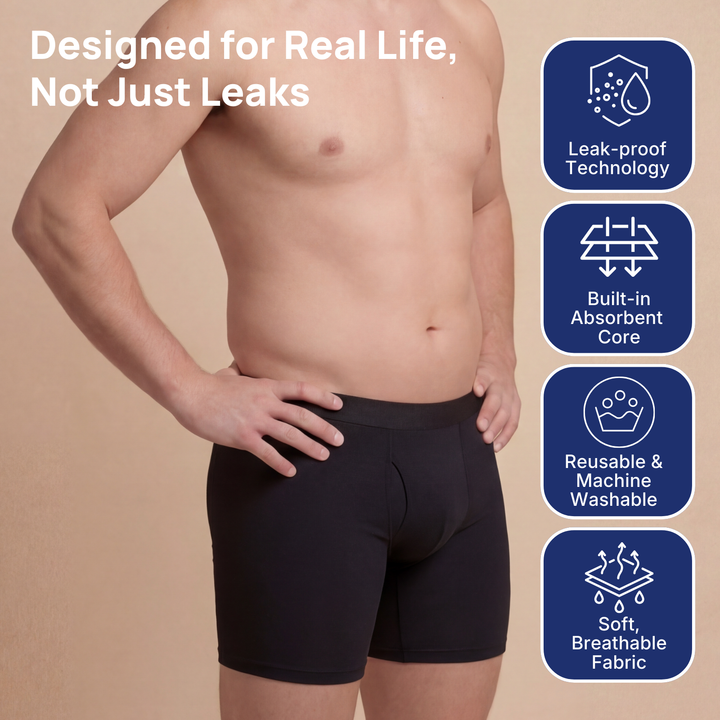 Supportive incontinence boxer briefs for men on neutral background