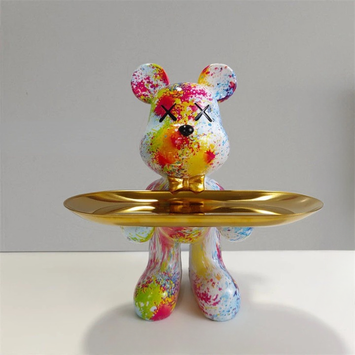 Modern art bear figurine with tray for desk organization