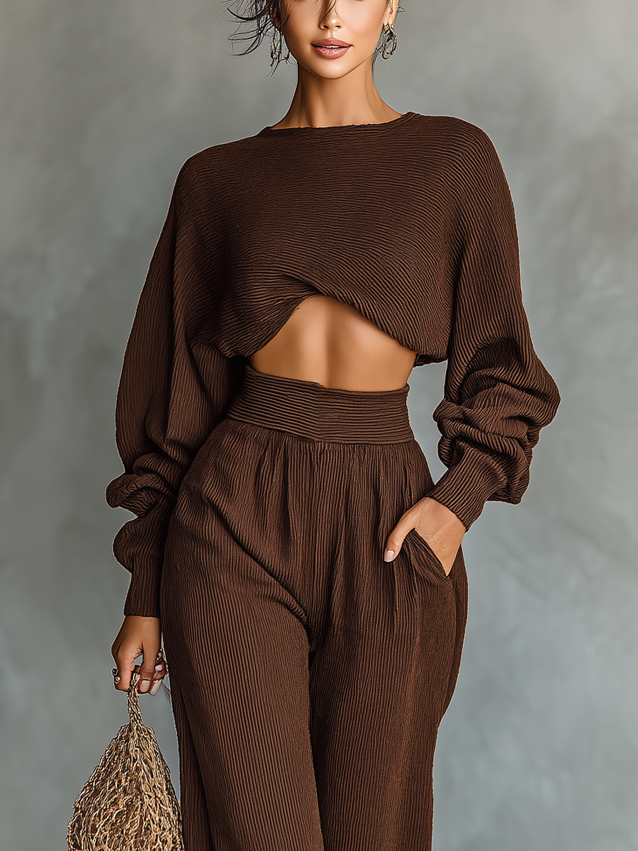 Coffee colored knitwear womens matching set with wide leg pants and cropped top