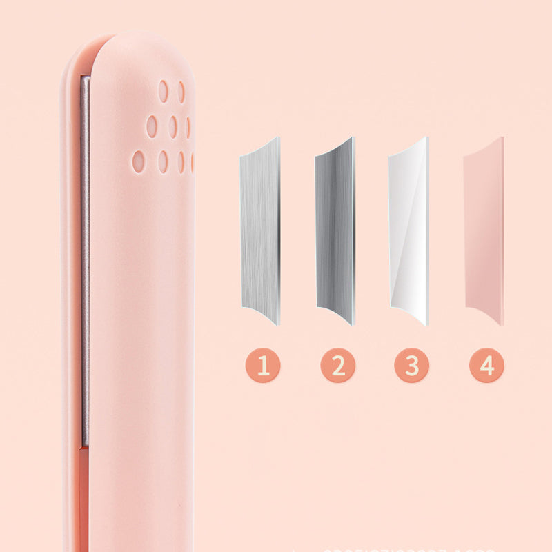 Unisex mini curling and straightening iron showing ceramic plates for travel styling