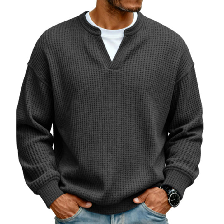 Back view of mens casual waffle long sleeve shirt for everyday wear
